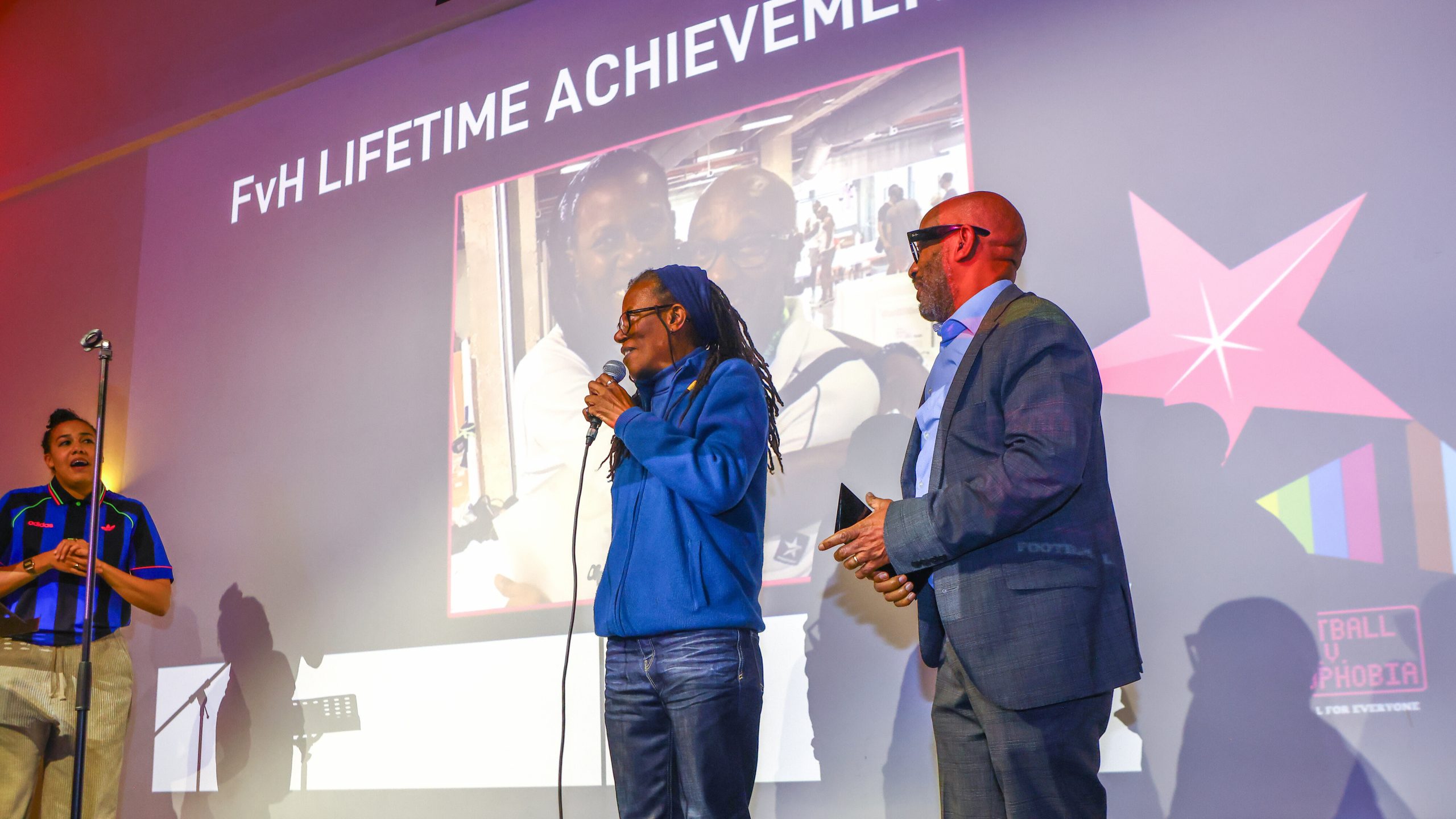FvH Awards 2026 host Chloe Morgan congratulates Lifetime Achievement Awards winners Joanie Evans and Aslie Pitter